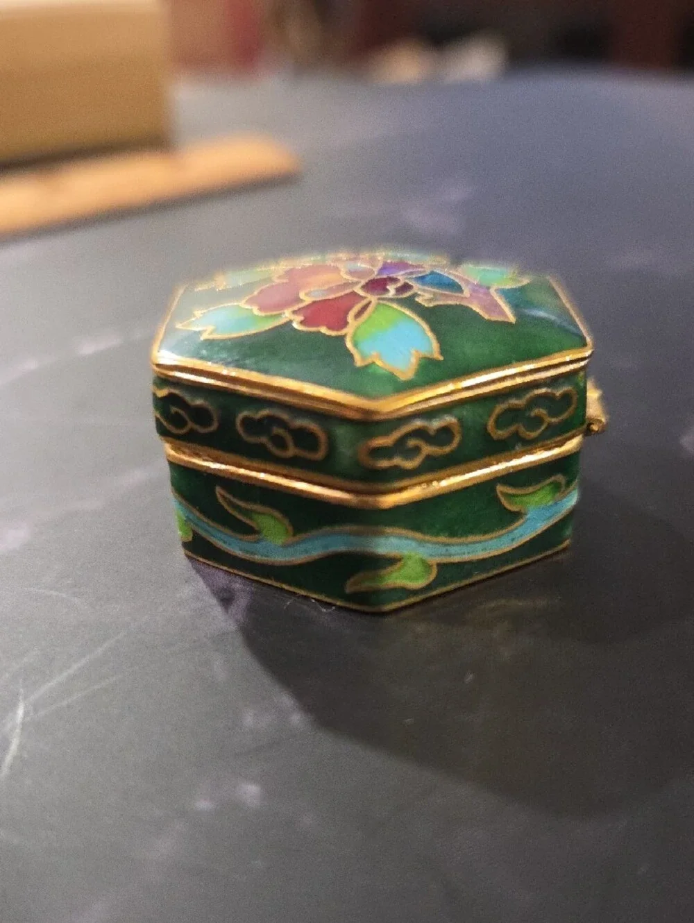 Green Enamel Floral Compact Trinket Box - Red & Green